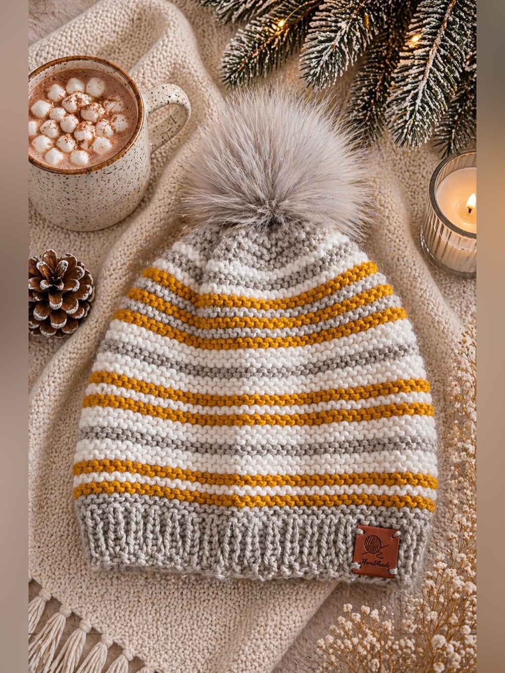 Handmade women Knit Beanie Hat with Pom Pom - White, Gray & Mustard
